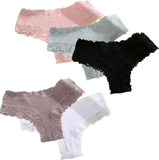 5 Pack - Sexy Dames Slip met Kant - Nude, Roze, Zwart, Groen en Wit - Onderbroek 95% Katoen - Dames Lingerie / Ondergoed Set - Brazilian String - Maat XL
