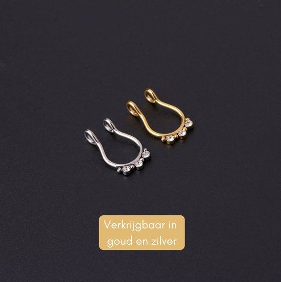 Fake Neuspiercing Zilver - Zilverkleurig met Diamantjes op Rij - Nep Neuspiercing Septum - Neusring - Nep Piercing Ringetje - RVS Roestvrij Staal - 8 mm