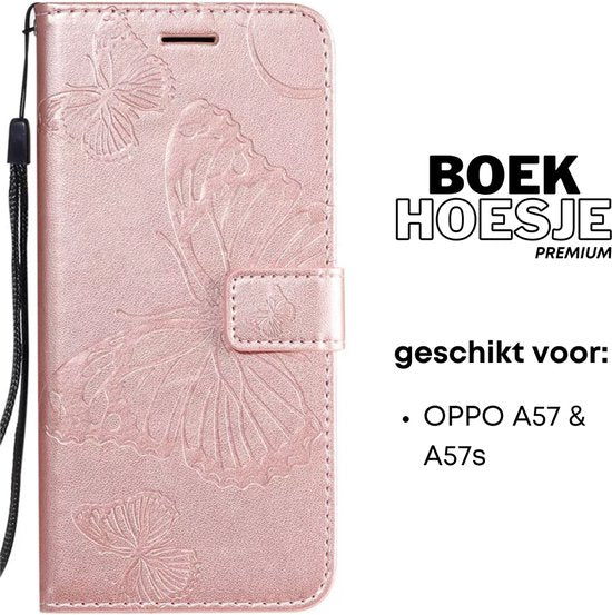 Hoesje Vlinders Roze - Geschikt voor OPPO A57 / A57s - Portemonnee Book Case - Boekje Met Kaarthouder / Pasjeshouder en Magneetsluiting - Booklet Beschermhoes - Boekhoesje