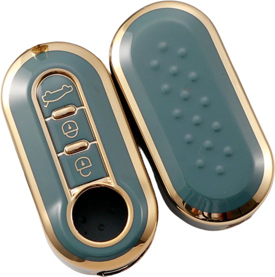 Zachte TPU Sleutelcover - Sleutelhoesje Geschikt voor Fiat 500 / 500L / 500X / 500C / Abarth / Panda / Punto / Stilo - Blauw met Goud Metallic - Sleutel Hoesje Cover - Auto Accessoires
