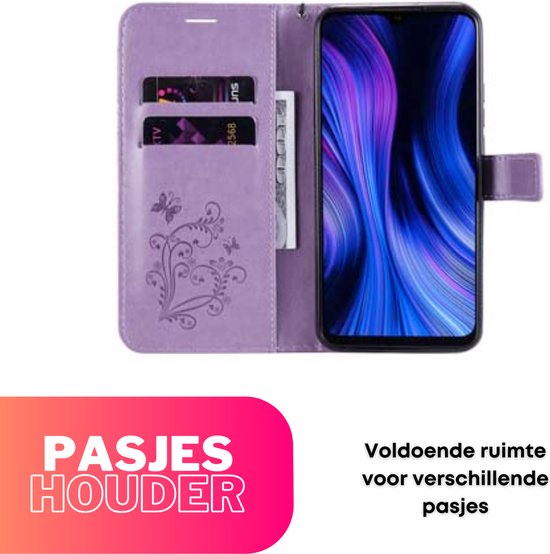 Hoesje Vlinders Paars - Geschikt voor Xiaomi Redmi Note 12 4G - Portemonnee Book Case - Boekje Met Kaarthouder / Pasjeshouder en Magneetsluiting - Booklet - Wallet Beschermhoes - Telefoonhoesje