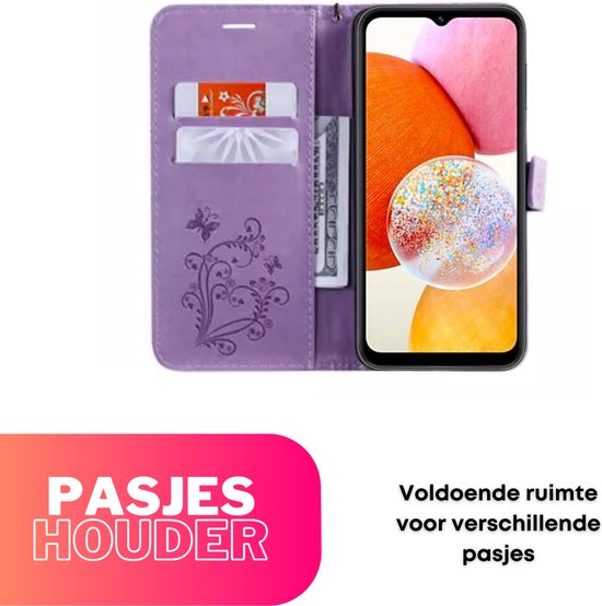 Hoesje Vlinders Paars - Geschikt voor Samsung Galaxy A14  - Portemonnee Book Case - Boekje Met Kaarthouder / Pasjeshouder en Magneetsluiting - Booklet - Wallet Beschermhoes - Telefoonhoesje