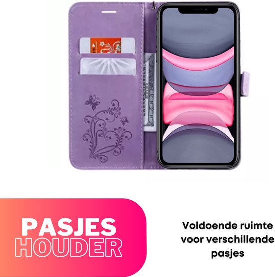 Hoesje Vlinders Paars - Geschikt voor Apple iPhone 11 - Portemonnee Book Case - Boekje Met Kaarthouder / Pasjeshouder en Magneetsluiting - Booklet Beschermhoes - Boekhoesje met Draagkoord