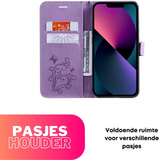 Hoesje Vlinders Paars - Geschikt voor Apple iPhone 13 / 14 - Portemonnee Book Case - Boekje Met Kaarthouder / Pasjeshouder en Magneetsluiting - Booklet Beschermhoes - Boekhoesje met Draagkoord
