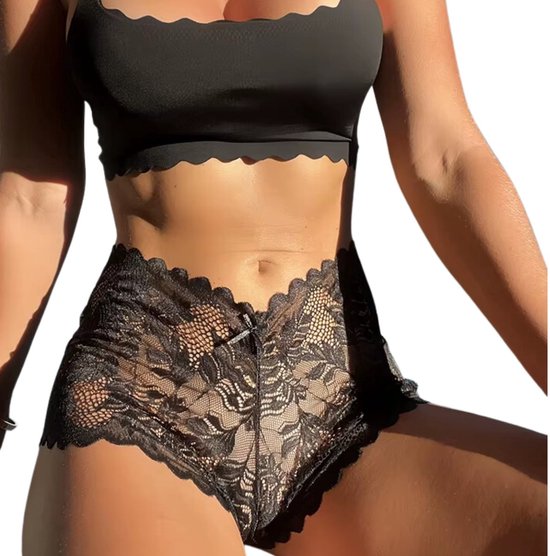 2 Pack - Dames Slip Kant High Waist - Zwart en Rood - Sexy Onderbroek Doorzichtig - Dames Lingerie / Ondergoed Set - String - Maat S