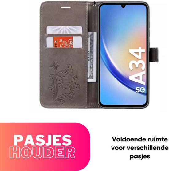 Hoesje Vlinders Grijs - Geschikt voor Samsung Galaxy A34 5G - Portemonnee Book Case - Boekje Met Kaarthouder / Pasjeshouder en Magneetsluiting - Booklet Beschermhoes