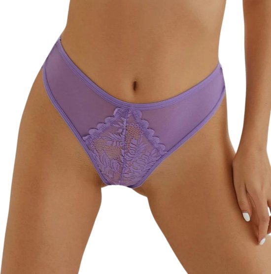 Sexy Brazilian Dames String - Kant - Paars - Dames Lingerie / Ondergoed - Maat XL