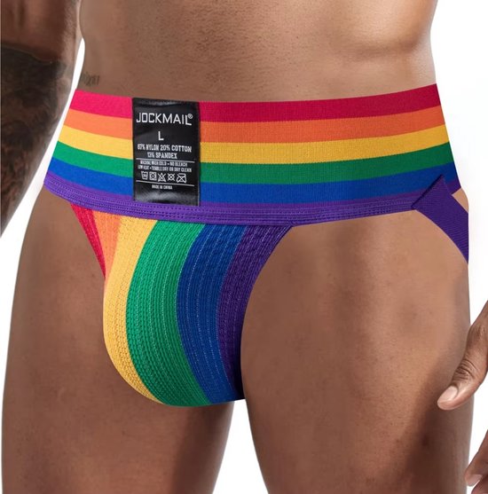 Heren Harnas & Slip Set - Regenboog - Jockstrap - Verstelbaar Bondage Borst Harnas met Open Achterkant - Pride LGBTQI+ - Ringen - One Size - Erotiek & Bondage Lingerie voor Mannen - Maat L