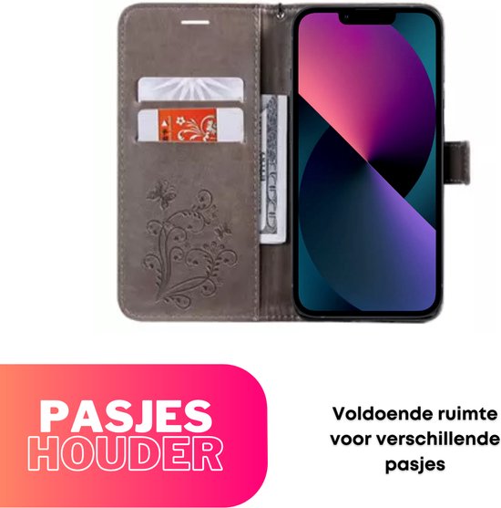 Hoesje Vlinders Grijs - geschikt voor Apple iPhone 13 / 14 - Portemonnee Book Case - Boekje Met Kaarthouder / Pasjeshouder en Magneetsluiting - Booklet Beschermhoes - Boekhoesje met Draagkoord