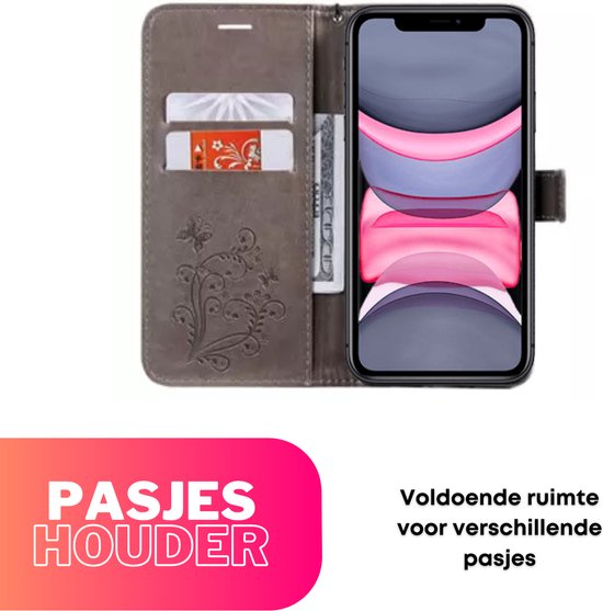 Hoesje Vlinders Grijs - Geschikt voor Apple iPhone 11 - Portemonnee Book Case - Boekje Met Kaarthouder / Pasjeshouder en Magneetsluiting - Booklet Beschermhoes - Boekhoesje met Draagkoord