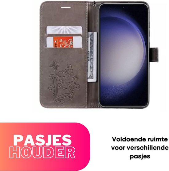Hoesje Vlinders Grijs - Geschikt voor Samsung Galaxy S23 S23+ / S23 Plus - Portemonnee Book Case - Boekje Met Kaarthouder / Pasjeshouder en Magneetsluiting - Booklet - Wallet Beschermhoes - Telefoonhoesje