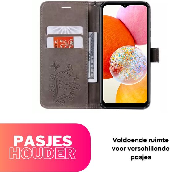 Hoesje Vlinders Grijs - Geschikt voor Samsung Galaxy A14 - Portemonnee Book Case - Boekje Met Kaarthouder / Pasjeshouder en Magneetsluiting - Booklet - Wallet Beschermhoes - Telefoonhoesje
