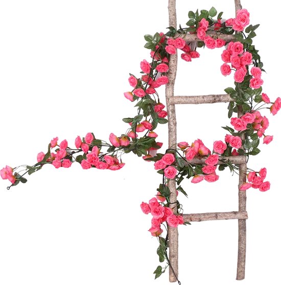 Bloemenslinger Fiets en Interieur - 69 Mini Rozen Donker Roze - Stijlvolle Bloemenstreng voor Fietsmand of Stuur - 180 CM Bloemen - Plastic Kunstbloemen Fiets Slinger