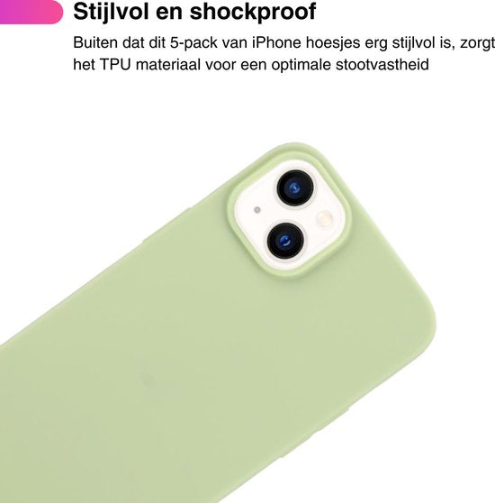 5 PACK - Hoesje Geschikt voor  Apple iPhone 15 - 5x Siliconen Shock Proof Case - Stevige TPU Cover - Multipack met Groen, Zwart, Lichtblauw, Donkerblauw en Paars