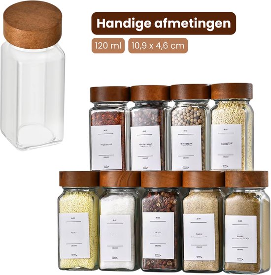 Luxe Set van 36 Glazen Kruidenpotjes - 120 ml - Met Houten Draaideksel, Stickers en Accessoires - Kruidenpotten voor Kruidenrek of Specerijen Organizer