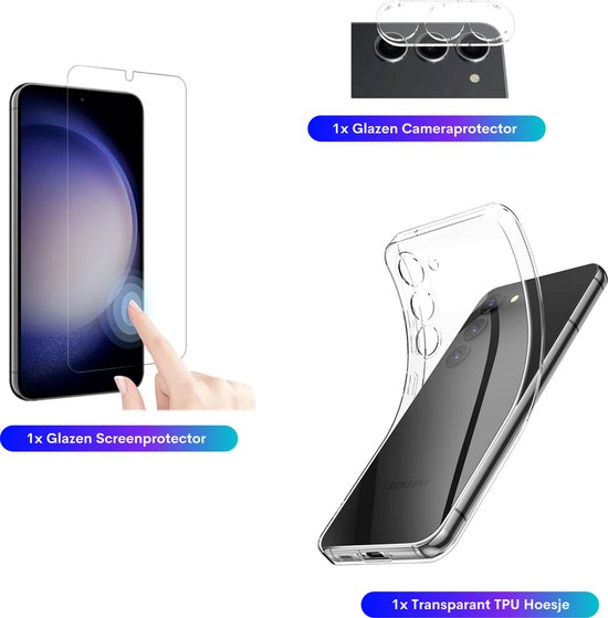 3 in 1 Set Geschikt voor Samsung Galaxy S23 - Transparant Hoesje + Screenprotector + Cameraprotector - Doorzichtige Shockproof TPU Case - Tempered Glass Screen Protector - Glazen Camerabeschermer - Set van 3