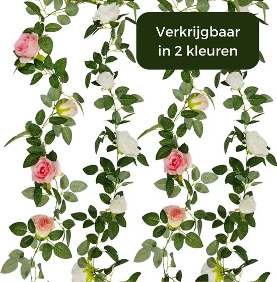 Luxe Bloemenslinger Roos - Realistische Witte Rozen - Grote Stijlvolle Bloemenstreng - Voor Interieur, Fietsmand of Stuur - 200 CM Bloemen Roze - Plastic Kunstbloemen Fiets Slinger Tak