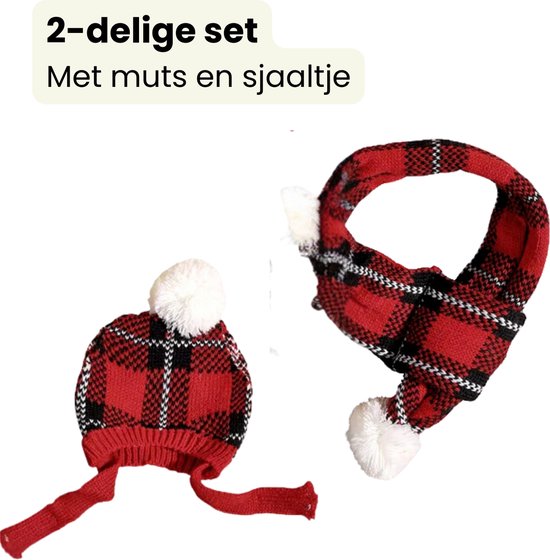 Winter Setje Hond - Kerst - 2 Delig - Sjaal en Muts - Ruiten Rood - Geschikt voor Honden - Winter Pakje - Hondenkleding - Maat L