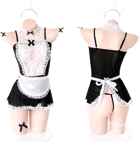 Sexy Schoonmaakster Pakje - 8 Delig Setje - Jurkje, Kousen, String, Schort, Armbandjes, Dijband, Choker, Haarband - Rollenspel Lingerie - Dames / Vrouwen Ondergoed - One Size