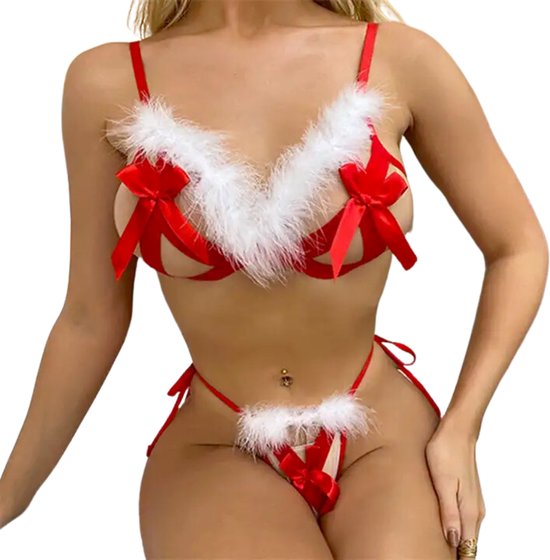Sexy Kerst Lingerie Dames - 2 Delige Set met BH en String - Rood - Kerst Lingerie - Erotische Kerst Outfit - Kerstvrouw - Kant - Maat L