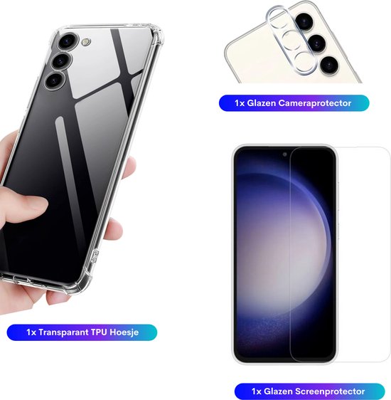 3 in 1 Set - Geschikt voor Samsung Galaxy S23 FE - Transparant Hoesje + Screenprotector + Cameraprotector - Doorzichtige Shockproof TPU Case - Tempered Glass Screen Protector - Glazen Camerabeschermer - Set van 3