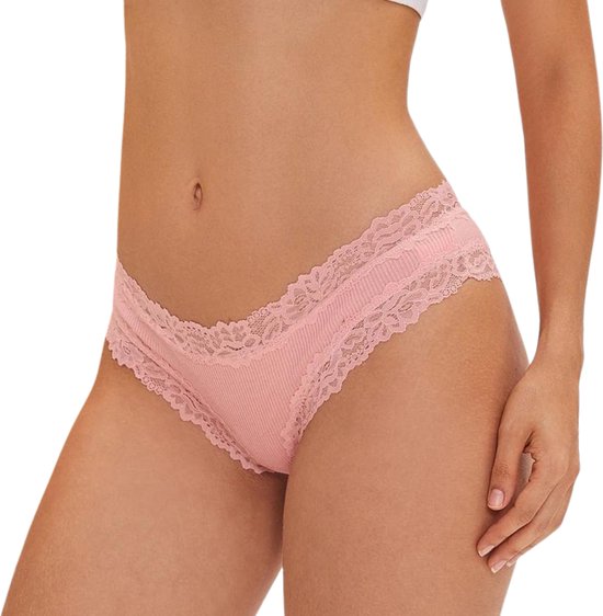 Sexy Dames Slip met Kant - Roze - Onderbroek 95% Katoen - Dames Lingerie / Ondergoed - Brazilian String - Maat S