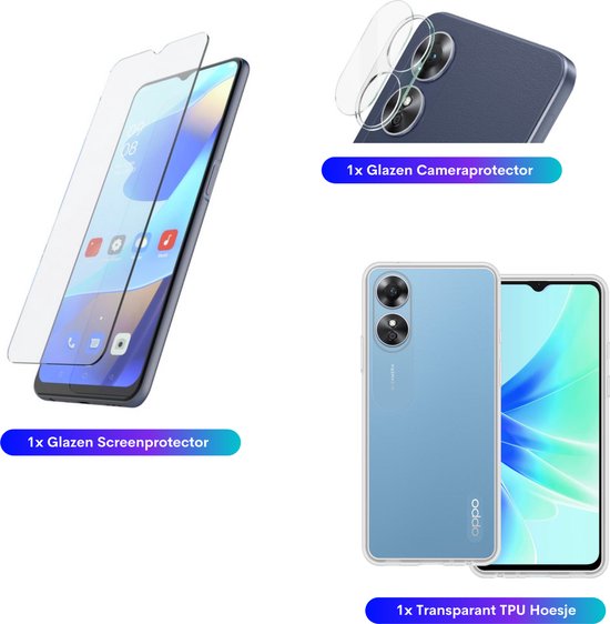 3 in 1 Set Geschikt voor OPPO A17 - Transparant Hoesje + Screenprotector + Cameraprotector - Doorzichtige Shockproof TPU Case - Tempered Glass Screen Protector - Glazen Camerabeschermer - Set van 3