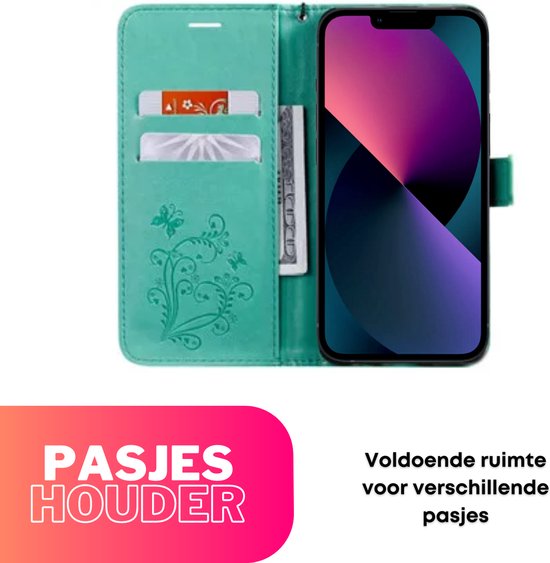 Hoesje Vlinders Groen - Geschikt voor Apple iPhone 13 / 14 - Portemonnee Book Case - Boekje Met Kaarthouder / Pasjeshouder en Magneetsluiting - Booklet Beschermhoes - Boekhoesje met Draagkoord