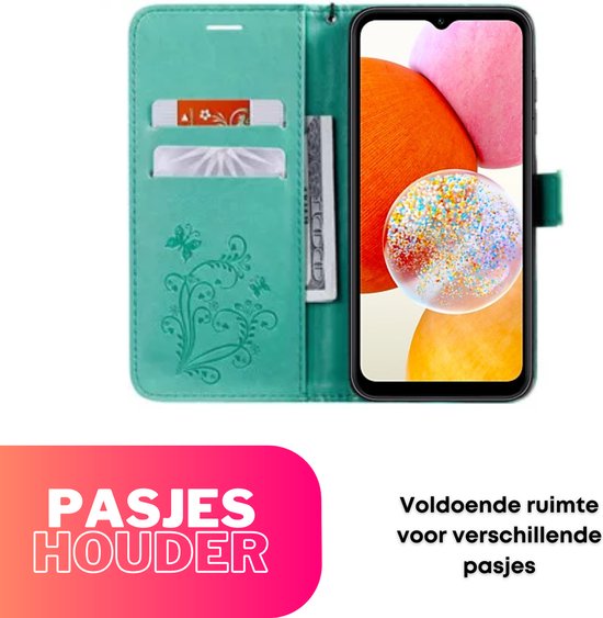 Hoesje Vlinders Groen - Geschikt voor Samsung Galaxy A14 - Portemonnee Book Case - Boekje Met Kaarthouder / Pasjeshouder en Magneetsluiting - Booklet - Wallet Beschermhoes - Telefoonhoesje