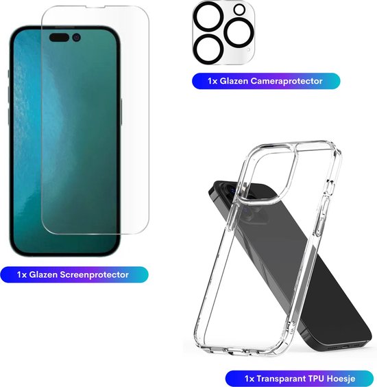 3 in 1 Set Geschikt voor Apple Iphone 15 Pro - Transparant Hoesje + Screenprotector + Cameraprotector - Doorzichtige Shockproof TPU Case - Tempered Glass Screen Protector - Glazen Camerabeschermer - Set van 3