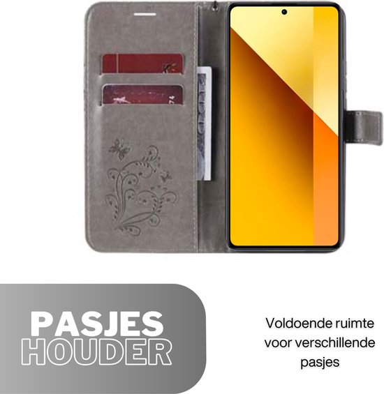 Hoesje Vlinders Grijs - Geschikt voor Xiaomi Redmi Note 13 5G  - Portemonnee Book Case - Boekje Met Kaarthouder / Pasjeshouder en Magneetsluiting - Booklet - Wallet Beschermhoes - Telefoonhoesje