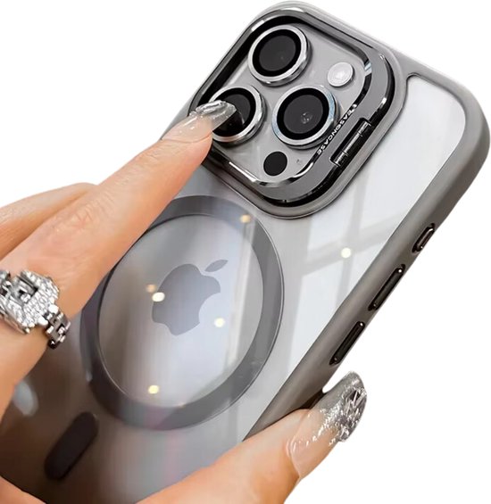 Ultra Shockproof Hoesje - Geschikt voor Apple Iphone 15 Pro Max - Transparant Natural Titanium - Met Camera Protectors en Statief - Magneet Ring Hoesje - Anti Yellowing Achterkant - Magneet Compatible