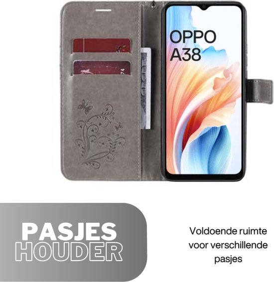 [EOL] Hoesje Vlinders Grijs - Geschikt voor OPPO A38  - Portemonnee Book Case - Boekje Met Kaarthouder / Pasjeshouder en Magneetsluiting - Booklet Beschermhoes - Boekhoesje met Draagkoord