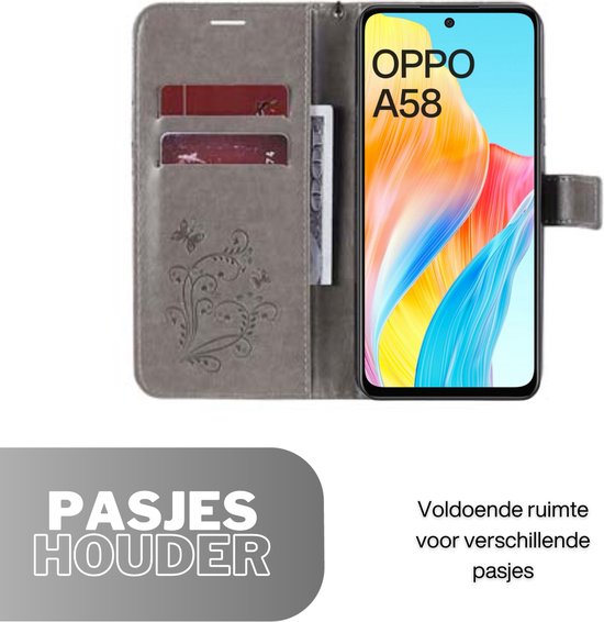 [EOL] Hoesje Vlinders Grijs - Geschikt voor OPPO A58 - Portemonnee Book Case - Boekje Met Kaarthouder / Pasjeshouder en Magneetsluiting - Booklet Beschermhoes - Boekhoesje met Draagkoord