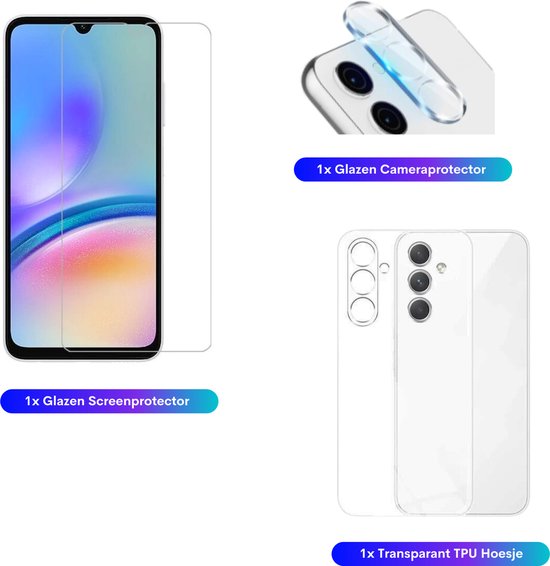 3 in 1 Set - Geschikt voor Samsung Galaxy A05s - Transparant Hoesje + Screenprotector + Cameraprotector - Doorzichtige Shockproof TPU Case - Tempered Glass Screen Protector - Glazen Camerabeschermer - Set van 3