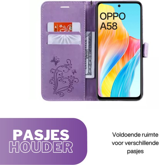 [EOL] Hoesje Vlinders Paars - Geschikt voor OPPO A58 - Portemonnee Book Case - Boekje Met Kaarthouder / Pasjeshouder en Magneetsluiting - Booklet Beschermhoes