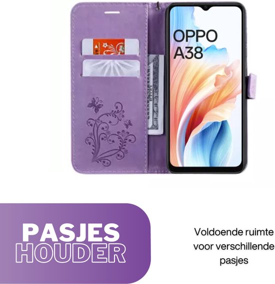 [EOL] Hoesje Vlinders Paars - Geschikt voor OPPO A38  - Portemonnee Book Case - Boekje Met Kaarthouder / Pasjeshouder en Magneetsluiting - Booklet Beschermhoes