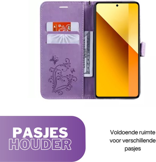 Hoesje Vlinders Paars - Geschikt voor Xiaomi Redmi Note 13 5G  - Portemonnee Book Case - Boekje Met Kaarthouder / Pasjeshouder en Magneetsluiting - Booklet - Wallet Beschermhoes - Telefoonhoesje