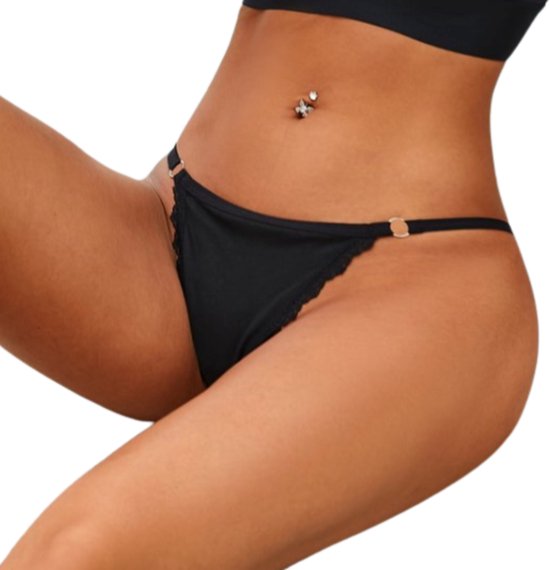 4 Pack - Sexy Zwarte Dames String - Katoen Ondergoed - Kant & Smalle Bandjes - Dames Lingerie / Onderbroek / Slip Set Zwart - Maat L