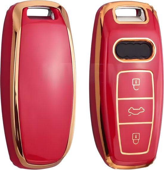 Zachte TPU Sleutelcover - Sleutelhoesje Geschikt voor Audi A3 / A4 / B9 / A6 / C8 / A7 / S7 / 4K / A8 / D5 / S8 / Q7 / Q8 / SQ8 / E-tron / 2018 / 2019 / 2020 / 2021 / 2022  - Rood met Goud - Key Cover - Auto Accessoires