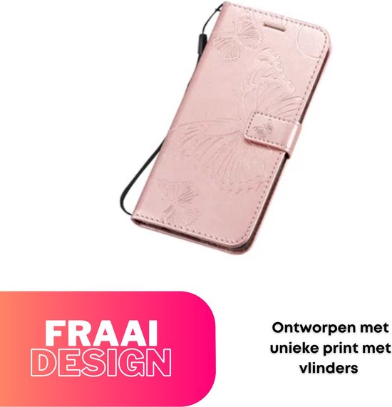 [EOL] Hoesje Vlinders Roze - Geschikt voor Samsung Galaxy S23 Ultra - Portemonnee Book Case - Boekje Met Kaarthouder / Pasjeshouder en Magneetsluiting - Booklet - Wallet Beschermhoes - Telefoonhoesje