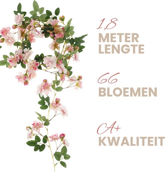 Bloemenslinger Fiets en Interieur -  Kersenbloesem met Mini Rozen - Roze met Wit - Sakura - Stijlvolle Bloemenstreng voor Fietsmand of Stuur - 180 CM Bloemen - Plastic Kunstbloemen Fiets Slinger Sakura