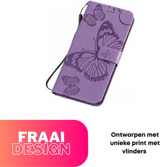 Hoesje Vlinders Paars - Geschikt voor Samsung Galaxy A54 5G - Portemonnee Book Case - Boekje Met Kaarthouder / Pasjeshouder en Magneetsluiting - Booklet Beschermhoes