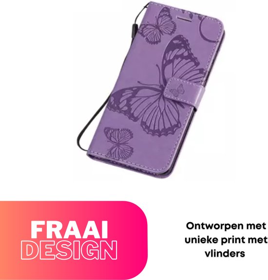 Hoesje Vlinders Paars - Geschikt voor Apple iPhone 13 / 14 - Portemonnee Book Case - Boekje Met Kaarthouder / Pasjeshouder en Magneetsluiting - Booklet Beschermhoes - Boekhoesje met Draagkoord
