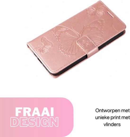 [EOL] Hoesje Vlinders Roze - Geschikt voor OPPO A38  - Portemonnee Book Case - Boekje Met Kaarthouder / Pasjeshouder en Magneetsluiting - Booklet Beschermhoes - Boekhoesje met Draagkoord