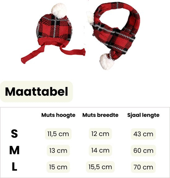 Winter Setje Hond - Kerst - 2 Delig - Sjaal en Muts - Ruiten Rood - Geschikt voor Honden - Winter Pakje - Hondenkleding - Maat S