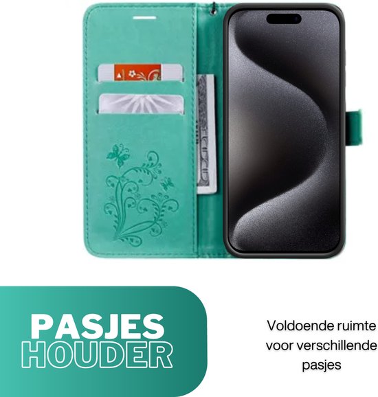 Hoesje Vlinders Groen - Geschikt voor Apple iPhone 15 - Portemonnee Book Case - Boekje Met Kaarthouder / Pasjeshouder en Magneetsluiting - Booklet Beschermhoes - Boekhoesje met Draagkoord