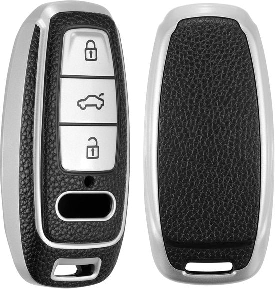 Kunst Leren Sleutelcover - Sleutelhoesje Geschikt voor Audi A3 / A4 / B9 / A6 / C8 / A7 / S7 / 4K / A8 / D5 / S8 / Q7 / Q8 / SQ8 / E-tron / 2018 / 2019 / 2020 / 2021 / 2022  - Zwart met Zilver - Key Cover - Auto Accessoires