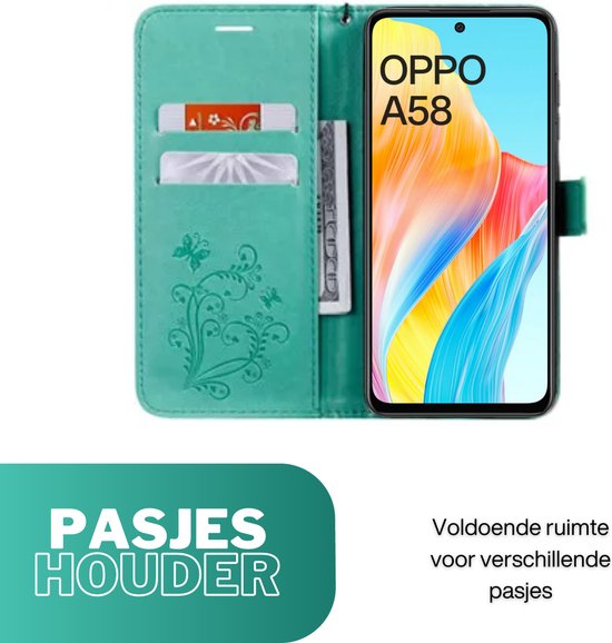 [EOL] Hoesje Vlinders Groen - Geschikt voor OPPO A58 - Portemonnee Book Case - Boekje Met Kaarthouder / Pasjeshouder en Magneetsluiting - Booklet Beschermhoes
