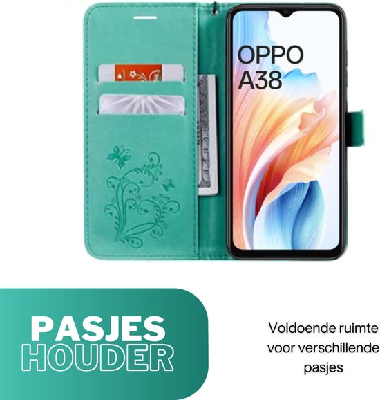 [EOL] Hoesje Vlinders Groen - Geschikt voor OPPO A38 - Portemonnee Book Case - Boekje Met Kaarthouder / Pasjeshouder en Magneetsluiting - Booklet Beschermhoes